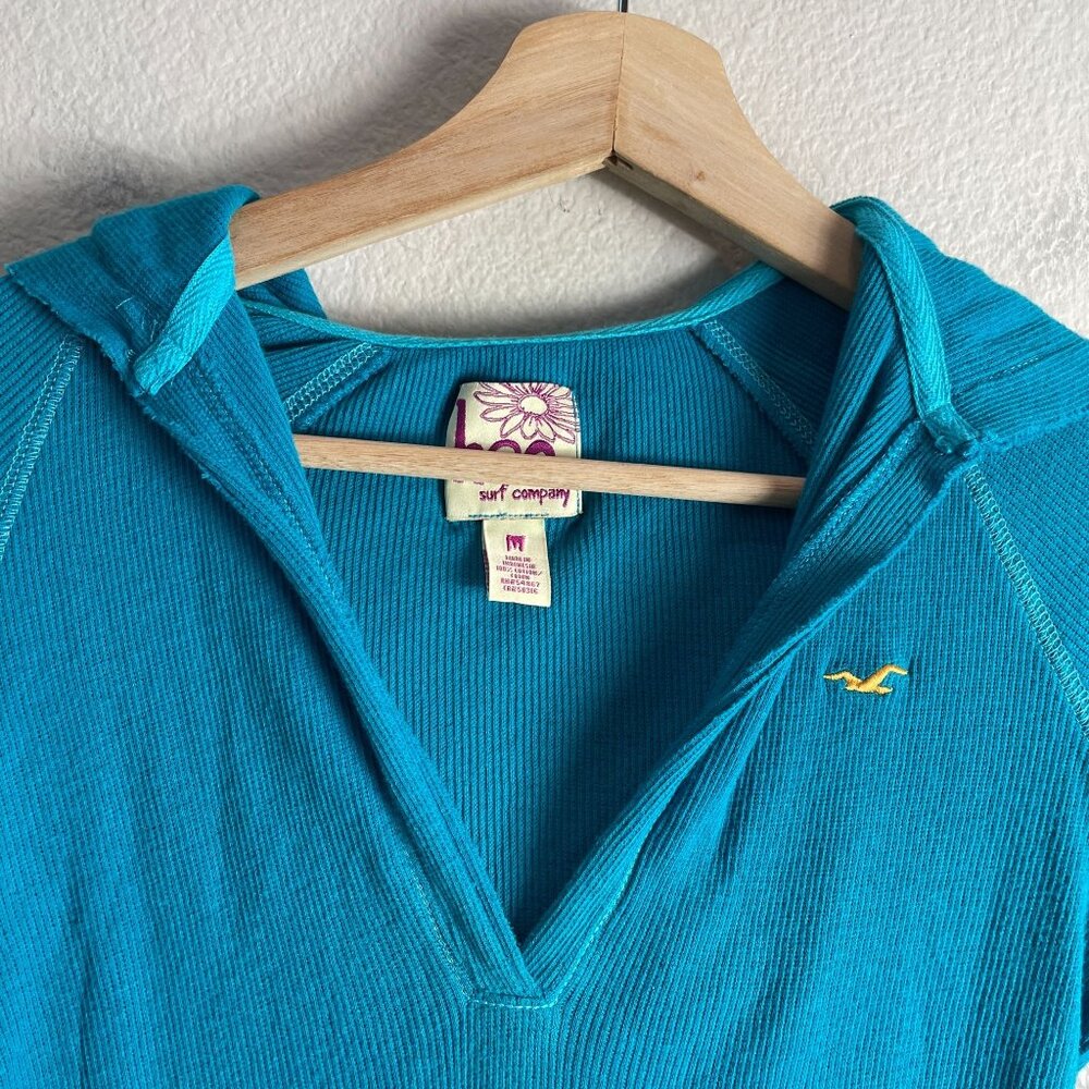 Y2K Hollister HCO Surf Company Womens Medium Turquoise Ribbed Hooded Top - Picture 7 of 10